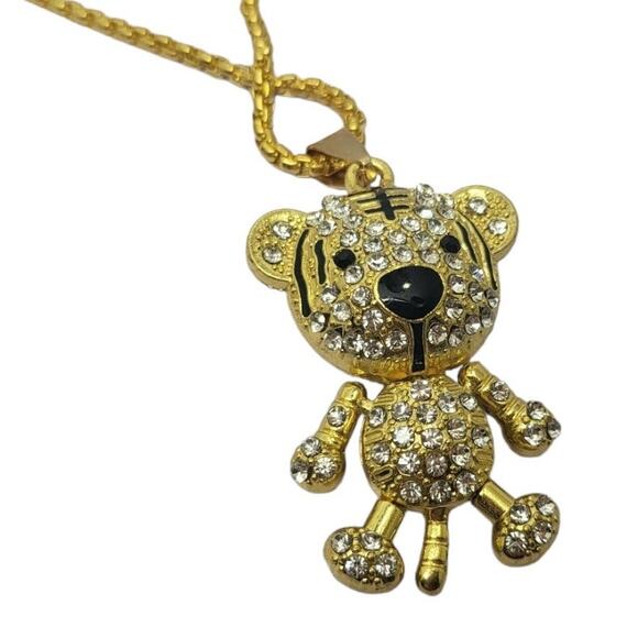 Articulated Gold Tone Black Enamel Round Crystal Teddy Bear Pendant 24" Chain - Picture 1 of 6